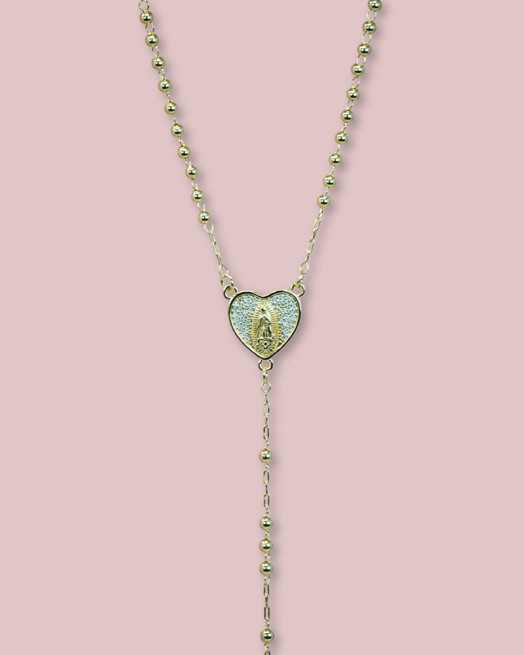 Virgen de Guadalupe Crystal Heart Rosary Necklace