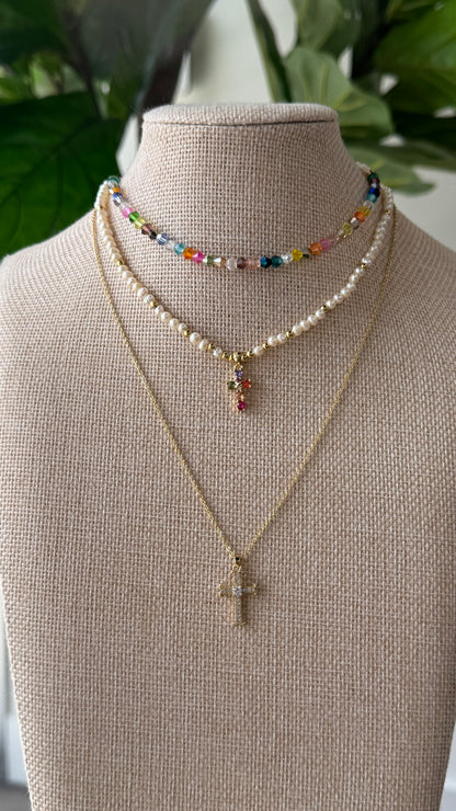 Cross Multicolor Pearl Necklace