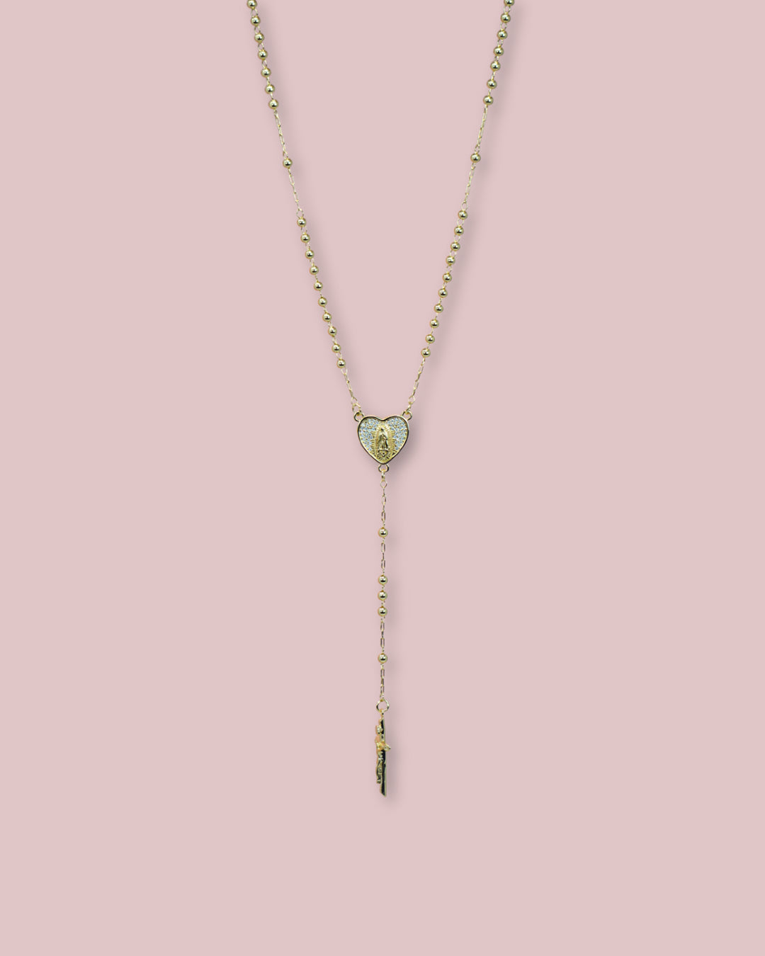 Virgen de Guadalupe Crystal Heart Rosary Necklace